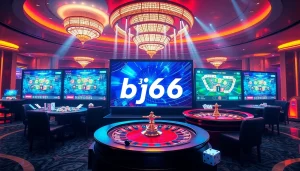 Engaging scene at nhà cái bj66 featuring vibrant casino elements including poker chips and playing cards.