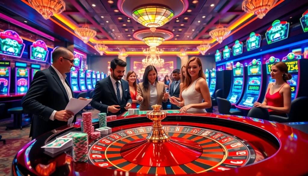 Experience the excitement of gambling with a luxury 789club casino scene featuring vibrant gaming tables and engaged players.