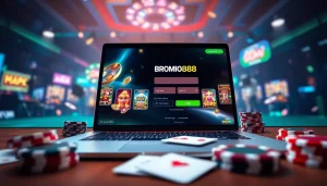 BROMO888 online slot gaming login interface with colorful graphics and casino elements