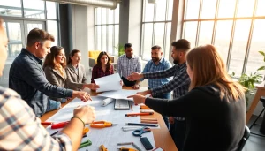 Collaboration within a construction member organization focusing on teamwork and unity in a bright office setting.