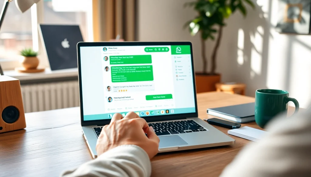 Engaging scene of a person using WhatsApp网页版 on a modern laptop in a cozy home office, showcasing communication ease and comfort.